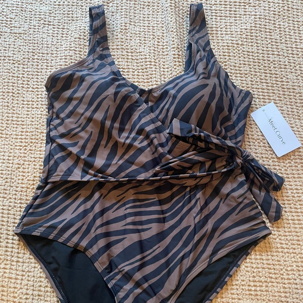 XL - Modern Zebra Print Wrap One Piece Swimsuit - Meet Curve - Tags On